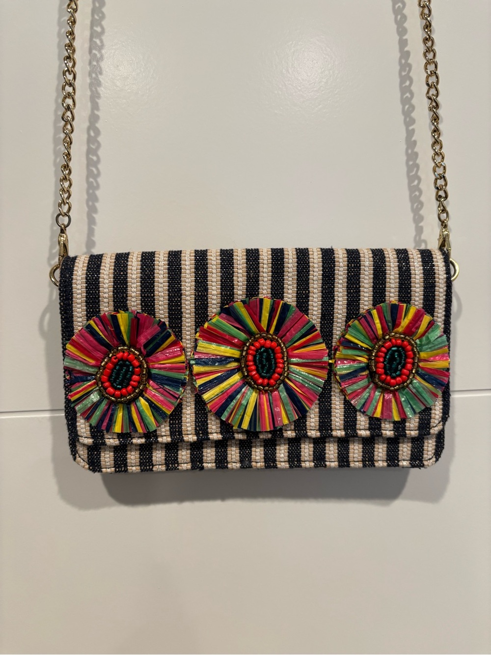 Striped Navy & White Crossbody Bag with Colorful Bead & Straw Rosettes